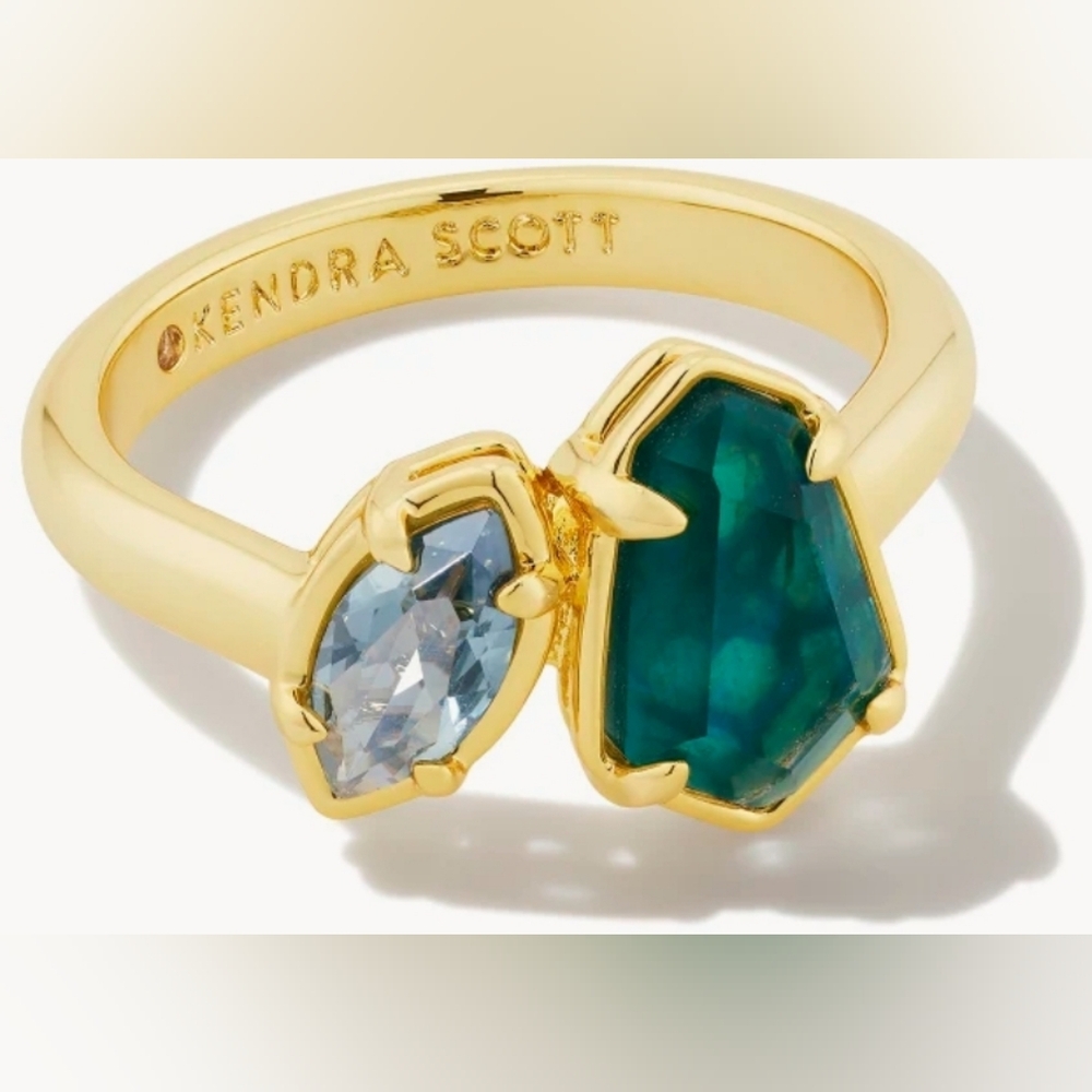 NWOT Kendra Scott Alexandria Gold Cocktail Ring in Teal Green size 9